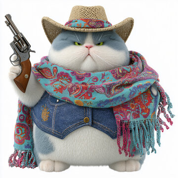 Cute Cowboy Cat Animation Character Adventure: Charming Furry Pet Robus Lively Fashion Cowboy Hats Scarves Pistol Western Animation Poses Vibrant Digital Entertainment Bold Personality