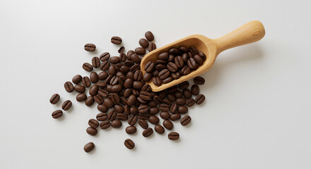 Coffee Beans with Wooden Scoop on White Background