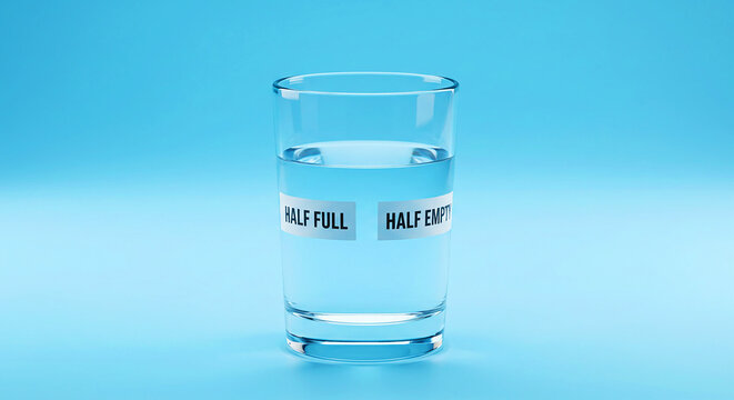 Glass of water with half full and half empty labels against a light blue colored background view