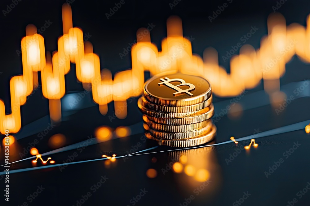 Aufkleber bitcoin stacks reflecting on a price chart