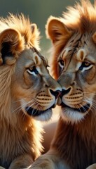 Fototapeta premium Detailed portrait lions. Close up affectionate interaction of two lions. Animals showing love each other. Wild nature background with sun light. Wildlife, family, relations. Big cats.