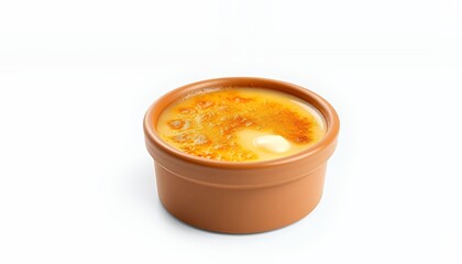 French Creme Brulee Dessert in Ceramic Bowl Isolated on White Background with Caramelized Sugar Crust 3D Render
