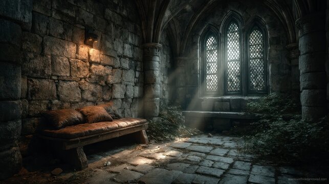 Cozy Medieval Retreat with Sunlit Windows and Stone Walls Ancient Architecture Serene Atmosph