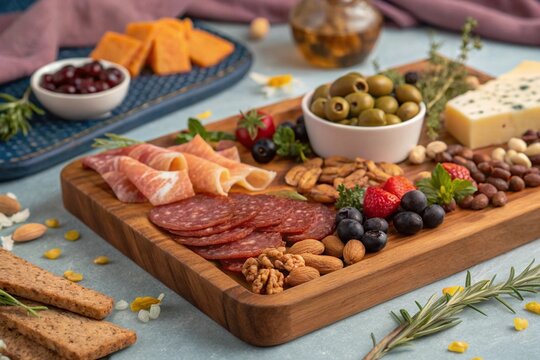 Closeup of Charcuterie Board with Meats Olives and Nuts.