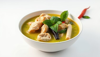 Gaeng Keow Wan Creamy Thai Green Curry with Chicken and Bamboo on White Background