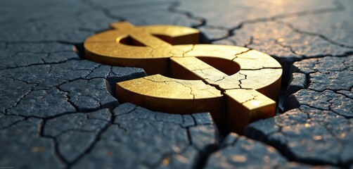 Golden dollar sign with cracks on asphalt surface. Represents economic challenges, financial instability, monetary crisis, investment risk, recession, financial challenges, broken economy, impact of