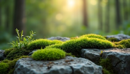 Lush green moss blankets rocks in a quiet, sunlit forest.

