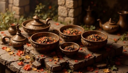 Spices and herbs organized in patterned ceramic containers set atop a wooden display board.

