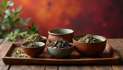 Assorted natural spices and dried herbs displayed in colorful ceramic bowls over a wooden base.


