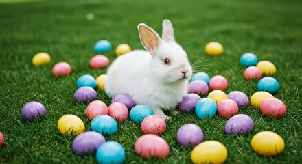 Fototapeta premium Easter Bunny Amidst Colorful Eggs - A fluffy white bunny sits amidst vibrantly colored Easter eggs on a lush green lawn. Symbolising spring, new beginnings, hope, fertility, and celebration