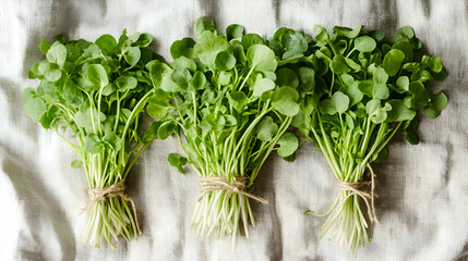Berros, Watercress fresh watercress bunches on linen, soft pale background