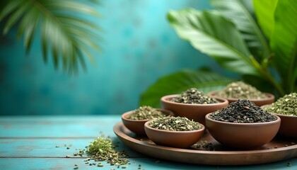 Spice and herb assortment showcased in vibrant ceramic containers resting on a wooden tray.

