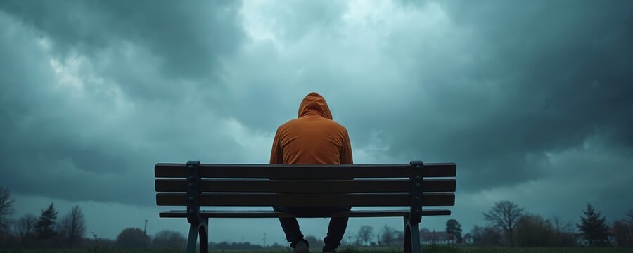Person sits alone bench under dramatic sky, symbolising depression, mental health issues. Cloudy weather reflects emotional state. Loneliness, solitude, sadness. Concept of despair, anxiety,