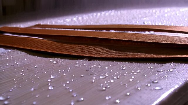 Close-up view of parallel brown bands, fabric texture on a wet white table, with multiple scattered water droplets, creating an abstract pattern