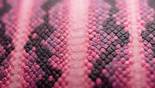 Close-up pink snake skin pattern on fabric material. Vibrant pink, purple and black scales texture. Animal print background with reptile scales detail. Luxury fashion, textile design, accessories.