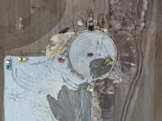 aerial view of the civil engineering work for the construction of a wind turbine, wind turbine,...