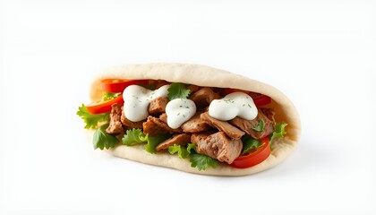 Gyros Pita with Meat Lettuce and Tzatziki Sauce on White Background a Tasty Greek Cuisine in Detailed 3D Render Model Food Photography for Culinary Presentation