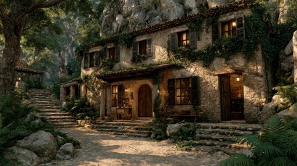 Fototapeta premium Charming Stone Cottage Nestled in Lush Forest with Cobblestone Pathway and Rustic Interior Ide