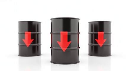 Highresolution stock photo of falling oil prices with graphically illustrated red downward arrows on oil barrels against a white background