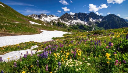 Alpine wildflower meadow with snow patches and blue sky