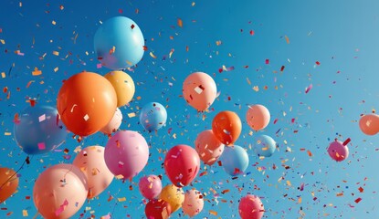 Colorful Balloons and Confetti Floating in a Blue Sky