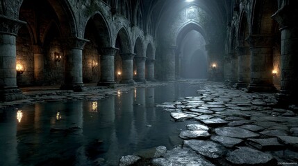 Ancient stone hall with water reflections gothic architecture mysterious ambiance