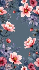 Floral design features pink flowers, blue leaves, arranged on muted background. Artistic watercolor style, ideal for textile prints. Suitable for backgrounds, wallpaper, wedding, invitations,