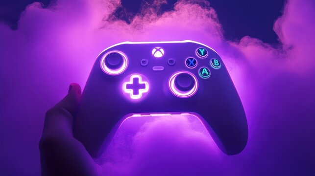 Neon illuminated controller levitating amidst vibrant cloudscapes, a futuristic gaming experience
