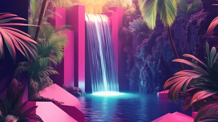 Surreal digital rendering featuring an ethereal waterfall set amidst tropical foliage