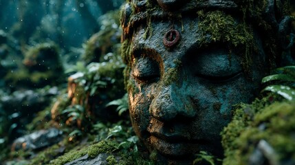 Ancient Statue in Lush Forest Timeless Artistry with Moss and Natures Embrace Serene Face S