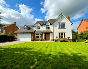 A stunning new home. Green grass and a driveway in the yard.