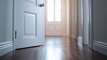 Fototapeta premium Close-up shot of a white door with blurred background, symbolizing home, entrance, and security.