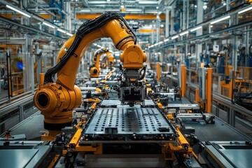 Robotic Assembly Line Working on Automotive Manufacturing in a Modern Factory Environment With Precision and Efficiency