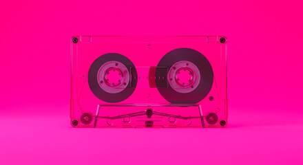 A clear cassette tape with black reels on a bright pink background in a studio setting view front