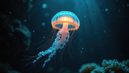 Naklejka premium Luminous jellyfish floats underwater, vibrant, against dark background. Marine life nature theme with bioluminescent creature, underwater scenery, fantasy illustration. Mystical, magical ocean design.