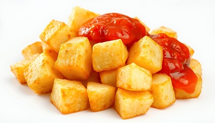Patatas Bravas Traditional Spanish Tapas Isolated on White Background Featuring Golden Brown Cubed Potatoes Topped with Vibrant Red Sauce Culinary Delight