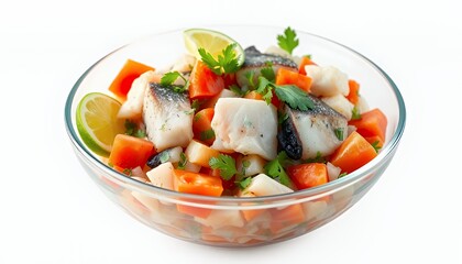 Peruvian Ceviche in Glass Bowl with Lime and Cilantro Isolated on White Background Fresh Fish and Sweet Potato