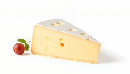 Reblochon Cheese Wedge from France Detailed 3D Render Isolated on White Background Displaying Light Yellow Hue and Natural Rind Accompanied by Red Berry and Green Leaf