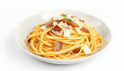 Spaghetti Alla Carbonara Plate with Guanciale and Cheese Isolated on White Background