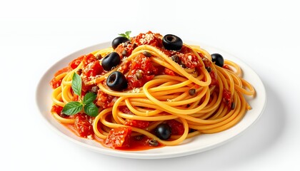 Spaghetti Alla Puttanesca with Tomato Sauce Olives and Capers on White Plate Isolated on White Background Culinary Art Detailed View