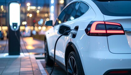 Arctic White Electric SUV at Modern Charging Station (Side View, Twilight)