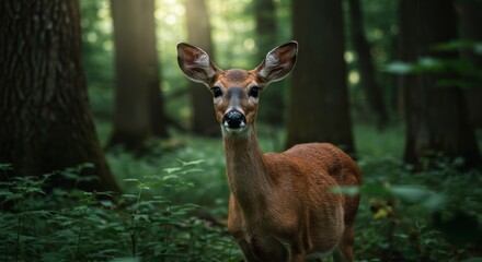 Forest Doe in Sunlight - A young female deer stands calmly in a sun-dappled forest, symbolizing grace, nature, wildlife, serenity, and wildness