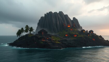 Mystical island fortress: Tropical volcanic landscape with ancient structures