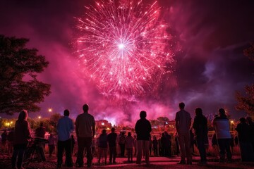 Fototapeta premium A diverse crowd watching vibrant fireworks at night.