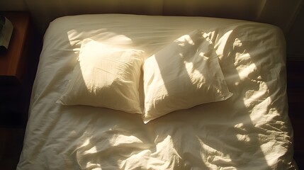 Obraz premium Sunlit Bedroom Scene, Soft White Bedding and Pillows