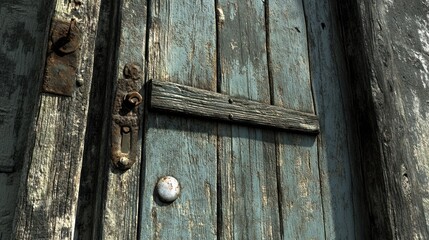 Wooden door with cracked surface, rusted metal hinges and visible wear, aged and weathered, with marks of frequent use and neglect.