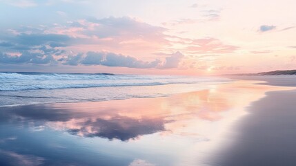 Serene coastal vista featuring pastel hues and reflective wet sand