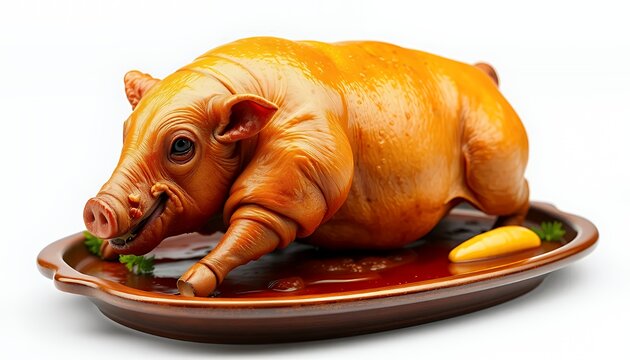 Golden Brown Lechon Baboy 3D Render Isolated on White Screen Showcasing Crispy Skin and Traditional Filipino Cuisine