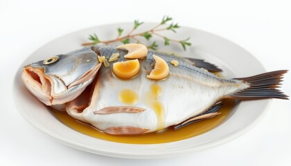Lavraki Dorade Gilt Head Bream on Plate Isolated on White Background Featuring Garlic Slices Parsley and Drizzled Sauce a Mouthwatering 3D Render for Mediterranean Cuisine Enthusiasts
