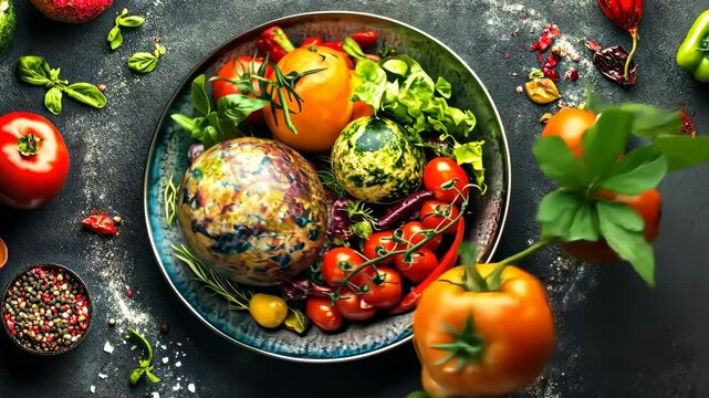 A bowl of food with a variety of vegetables including tomatoes, broccoli, and peppers. The bowl is placed on a counter with other food items such as garlic and a lemon. Scene is healthy and inviting